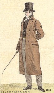 Regency Era Men’s Fashion: A simpler overcoat for a stroll in the park or night at Vauxhall Gardens.